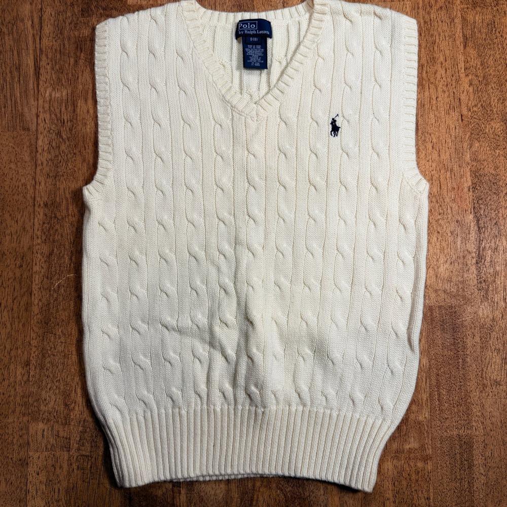 Polo Ralph Lauren Boys S 8 Cream Cable Knit V-Neck Cotton Sweater Vest Off White